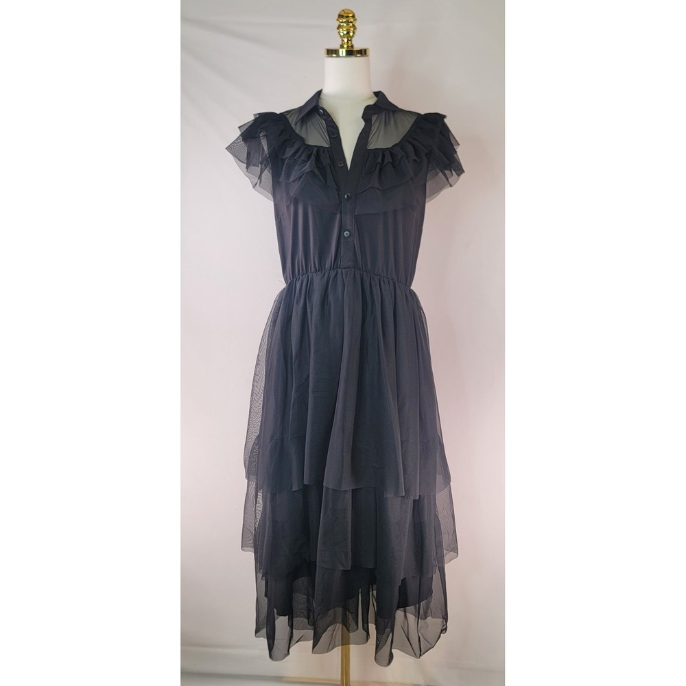 Aphratti Black Mesh Ruffle Midi Dress Goth Dark Academia Wednesday Addams M